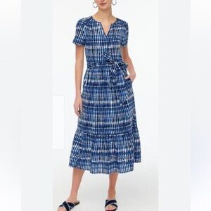 J. Crew Factory Blue and White Abstract Print Tie Front Tiered Sundress Size 12